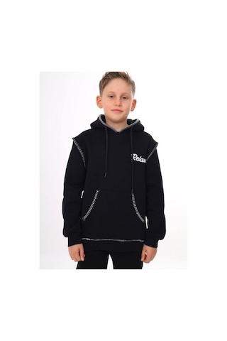 Erkek Çocuk Kapüşonlu Biye Detaylı Şardonlu Kalın Tasarım Sweatshirt-15196 Siyah