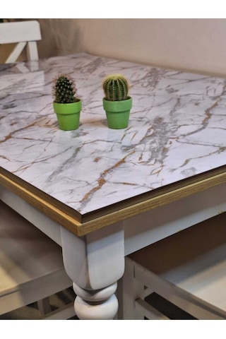 Kalın Pvc Masa Koruyucu 1.2 Mm Mika Örtü, 80 Cm En, Mermer Desen Altın