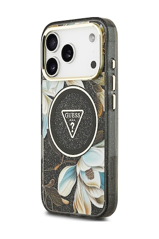 Apple Uyumlu iPhone 17 Pro Kılıf Guess Lisanslı M-safeli Simli Çiçek Desenli Metal Kamera Çerçeveli Kapak Siyah Siyah