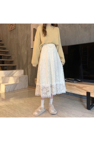 Sonbahar Ve Kış Yüksek Belli Dantel Etek Orta Boy Tüm Maç Düz Renk Çiçek Kayısı