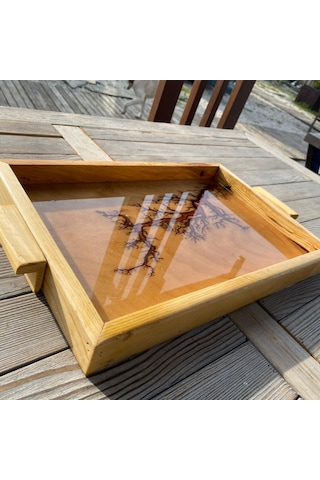 Lichtenberg Desenli Epoksi Ahşap Sunum Tepsisi 30x45
