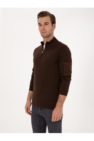 Koyu Kahverengi Regular Fit Yarım Fermuarlı Sweatshirt