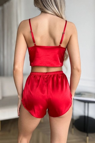 İkikareshop Özel Tasarım Kadın Kırmızı Saten Pijama Takımı İnce Askılı Şortlu Çok Renkli