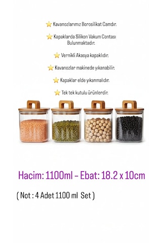 Akasya Kapaklı 4 Lü Kare Cam Saklama Kavanoz Seti Mien 4'lü Kare, 1100 Ml Akasya Kapaklı, Kulplu Kavanoz Seti Kahverengi - Şeffaf