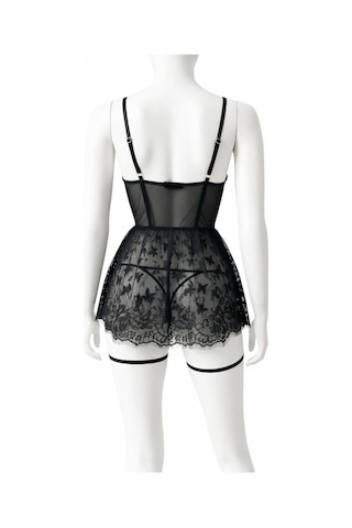 Albonishop Romantik Gül Desenli Siyah Tül Babydoll Gecelik Ve Dantel Detaylı Jartiyer Set Çok Renkli