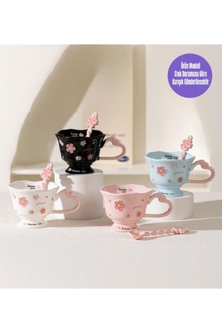 Çiçek Tasarımlı Kaşıklı Seramik Kupa Özel Kutusunda 1972 Pembe