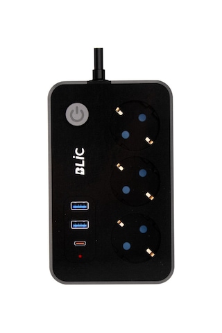 Termal Akım Korumalı 3'lü Priz 2 Metre - 2 Usb + 1 Type-c Hızlı Şarjlı Çoklu Priz 2500w Ftr-02 Blic 2 m
