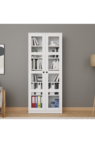 Lucas Cam Kapaklı Vitrin - Büfe - Kitaplık Ve Çok Amaçlı Dolap Ayarlanabilir Raf Beyaz