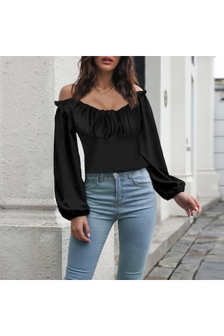 Soonaksesuar Kadın Uzun Kollu Kare Yaka Göğüs Büzgü Detay Sandy Bluz Siyah