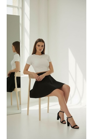 Yarım Kollu Crop Top T-shirt Ekru