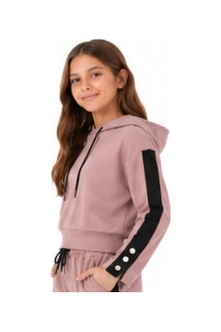 İrem Çocuk Giyim Kız Çocuk Kolu Şerit Detaylı Çıtçıt Modelli Kapüşonlu Pudra Renk Kısa Sweatshirt Pudra