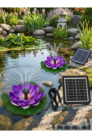 Güneş Enerjili Mor Lotus Çiçekli Solar Fıskiye - Dekoratif Bahçe Süs Havuzu - Havuz Süsü