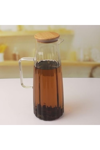 Bambu Kapaklı Borosilikat Cam Yağdanlık Ve Sürahi 1000ml 11x26cm Çok Amaçlı İçecek Ve Sıvı Gıda Saklama 0