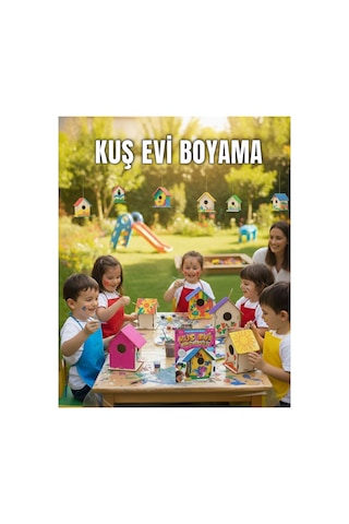 Ahşap Kuş Evi Boyama Etkinlik Seti 6 Renk Boya -fırça