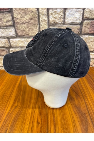 Hamze Kaplan Nakışlı Vintage Eskitme Yıkamalı Gabardin Cap Şapka Siyah