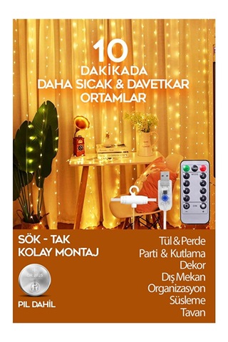 3x2 Metre Kumandalı Rgb Perde Led - Çok Renkli Peri Led Işık Dekarosyon Süsleme Sarı