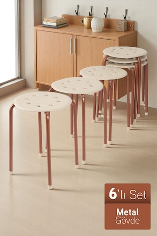 İronika Otto Metal Gövdeli Modern Tabure Mutfak Bahçe Taburesi - 6 Adet Krem Kahverengi