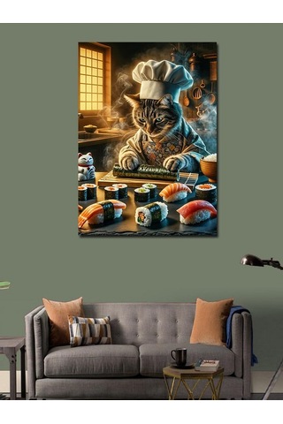 Kanvas Tablo Sushi Yapan Aşçı Kedi 70cmx100cm