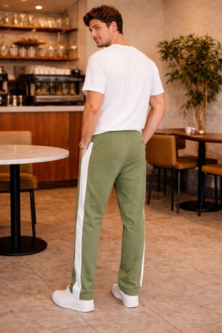 Tarz Cool Erkek Haki Şeritli Eşofman Altı Bağcıklı Baggy Rahat Kesim Günlük Spor Pantolon Haki