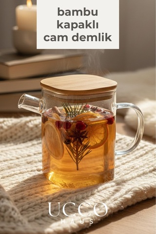 1 Litre Bambu Kapaklı Boroslikat Cam Demlik Sürahi Detox, Limonata, Bitki Çayı, Yağdanlık Mutfak Şeffaf