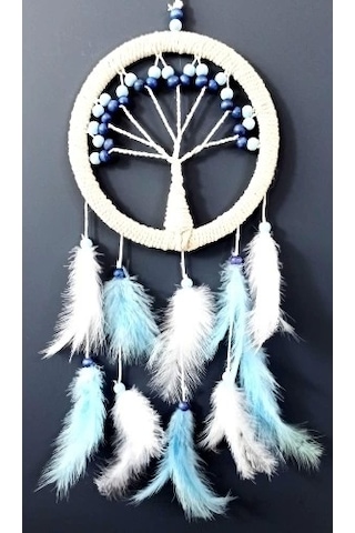 Mavi Beyaz Kuş Tüylü Hayat Ağacı Düş Kapanı Duvar Süsü