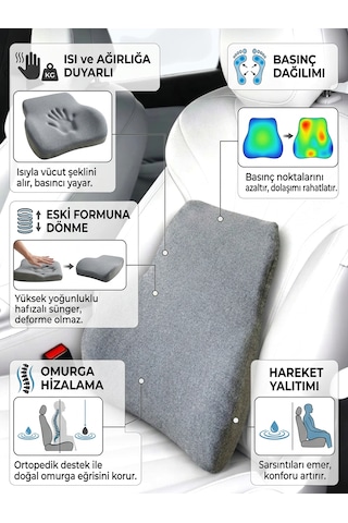 Yeni Nesil Visco Ortopedik Visco Ergonomik Minder Bel Ve Sırt Destek Yastığı Gri Ofis Araç Ve Ev Rahat Duruş Ortopedik