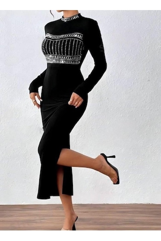 Kadın Yarım Balıkçı Yaka Taş Işemeli Bacak Dekolteli Maxi Boy Elbise Siyah