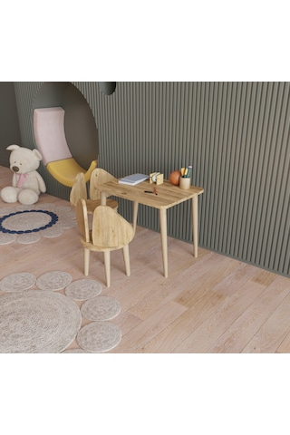 Fahrettin Küçük Montessori Çocuk Masası Oyun Masası Fil Kulaklı Aktivite Masası Çalışma Masası 2 Adet Sandalyeli Açık Çam