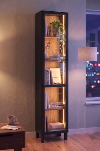 Robin Home Prime Temperli Cam Kapaklı Neon Led Işıklı Dar Alan Vitrin Büfe Kitaplık Ahşap Ayaklı 5 Raflı Sepet-siyah 183cm