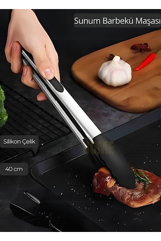Sunum Maşası Barbekü Maşası Mangal Maşa Silikon Salata Maşası Siyah 40 Cm Gri Siyah