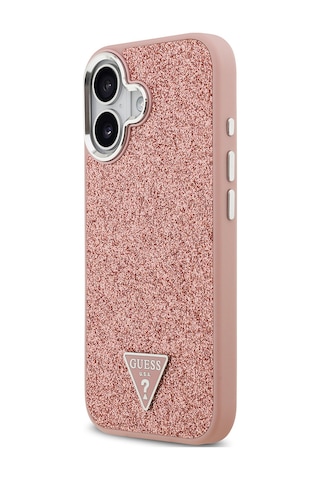 Apple Uyumlu iPhone 17 Kılıf Guess Lisanslı M-safeli Metal Kamera Çerçeveli Üçgen Logolu Glitter Pembe Pembe