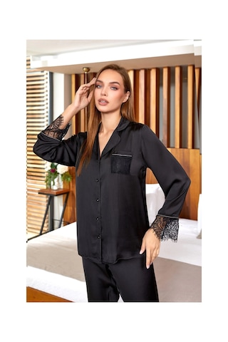 Veraura Lifestyle Gecelik Takımı Kadın Aqua 25168 Saten Dantelli Gömlek Pijama Siyah
