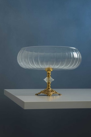 Alfafe Home Lotus Kristal 24 Cm Kesme Dekor Metal Ayaklı Salata Kasesi Cam Sunumluk- Servis Tabağı Gold