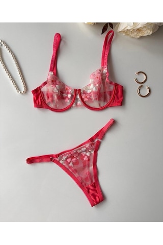 Daniela Kadın Nar Çiçeği Çiçek Desenli Tanga Detaylı Transpran Seksi İkili Sütyen Takım