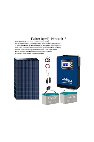 Güneş Enerjisi Bağ Evi Solar Paketi 3KVA İnverter 285W Güneş Paneli 100AH Jel Akü