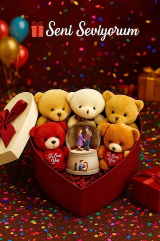 Seni Seviyorum Hediye Kutusu Sevgiliye Özel Romantik Kalpli Kutuda Ayıcık Ve Kar Küresi Hediye Seti Dekoratif Obje