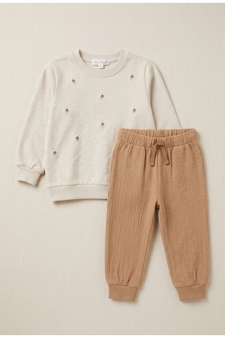 Deniva Kids Kiraz Nakışlı Sweatshirt Müslin Pantolonlu 2'li Alt Üst Takım - 1 - 2 Yaş Bej