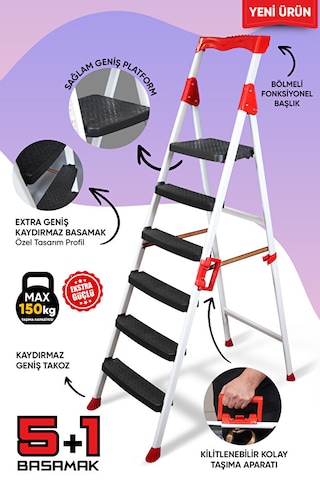 Elegance 5+1 Geniş Basamaklı Kolay Taşıma Aparatlı Merdiven Kaliteli Paslanmaz 5+1 Basamaklı