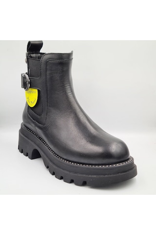 Mammamia D25kb-4185 Siyah Hakiki Deri Kalın Topuklu 5cm Fermuarlı Kadın Bot Siyah