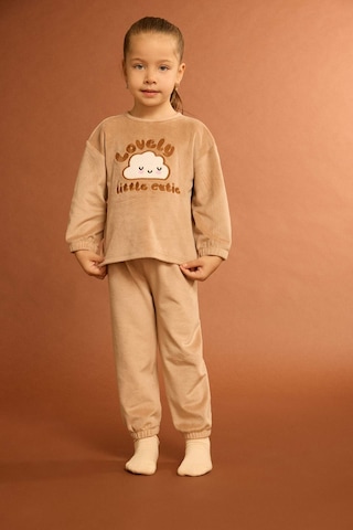 Defacto Kız Bebek Pijama Takımı Bulut Baskılı Uzun Kollu Welsoft Pelüş Üst Uzun Alt G1527a525wnbg400 Bej-bg400