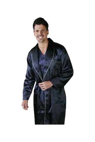 Ancelo 333 Saten Pijama Takım Ve Robdöşambr 3lü Damat Çeyiz Set Lacıvert