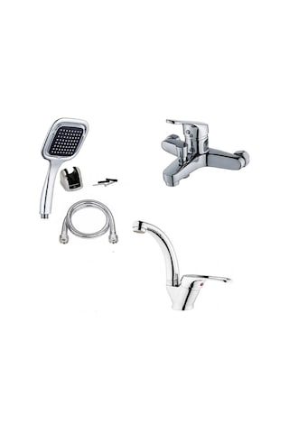 Moonshop 3'lü Set Banyo Bataryası Lavabo Bataryası Kare Duş Seti