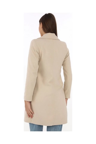 Kadın Kaşe Kaban Siyah Yünlü Dokuma, Kruvaze Yaka, Astarlı, Cepli, Kuşaklı Uzun Boy Tesettür Uyuml Bej