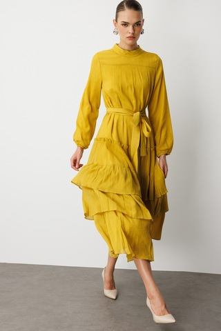 Hardal Mizalle Kat Pileli Maksi Koyu Sarı Elbise Sarı