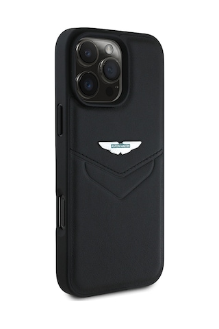 Apple Uyumlu iPhone 16 Pro Max Kılıf Aston Martin Lisanslı Victory Dizayn Deri Metal Logolu Kapak Siyah