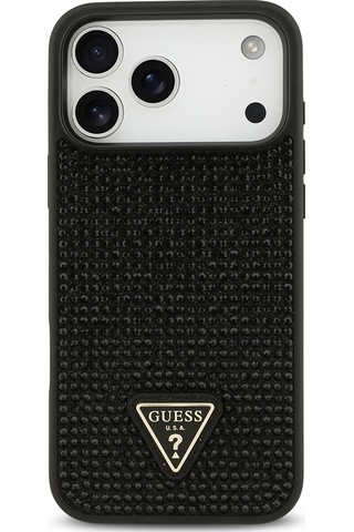 Apple Uyumlu iPhone 17 Pro Max Kılıf Guess Lisanslı Taşlı Arka Yüzey Üçgen Logolu Kapak Siyah