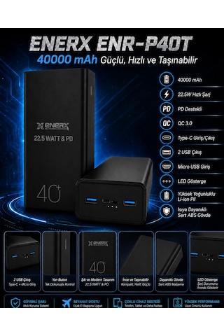 Enerx Enr-p40t 40.000 Mah 22.5 Watt Led Göstergeli Powerbank Siyah
