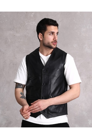 Hakiki Deri Yelek Yandan Cepli Erkek Siyah