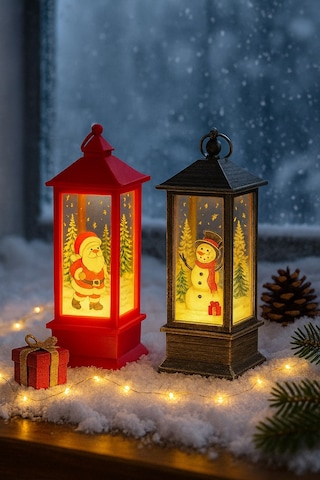 Led Işıklı Noel Feneri 2 Li Set Noel Baba & Kardan Adam Temalı Dekoratif Yılbaşı Lambası 14 Cm 12 CM