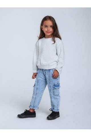 Kız Çocuk Simli Kırçıllı Bluz-14305 Ekru